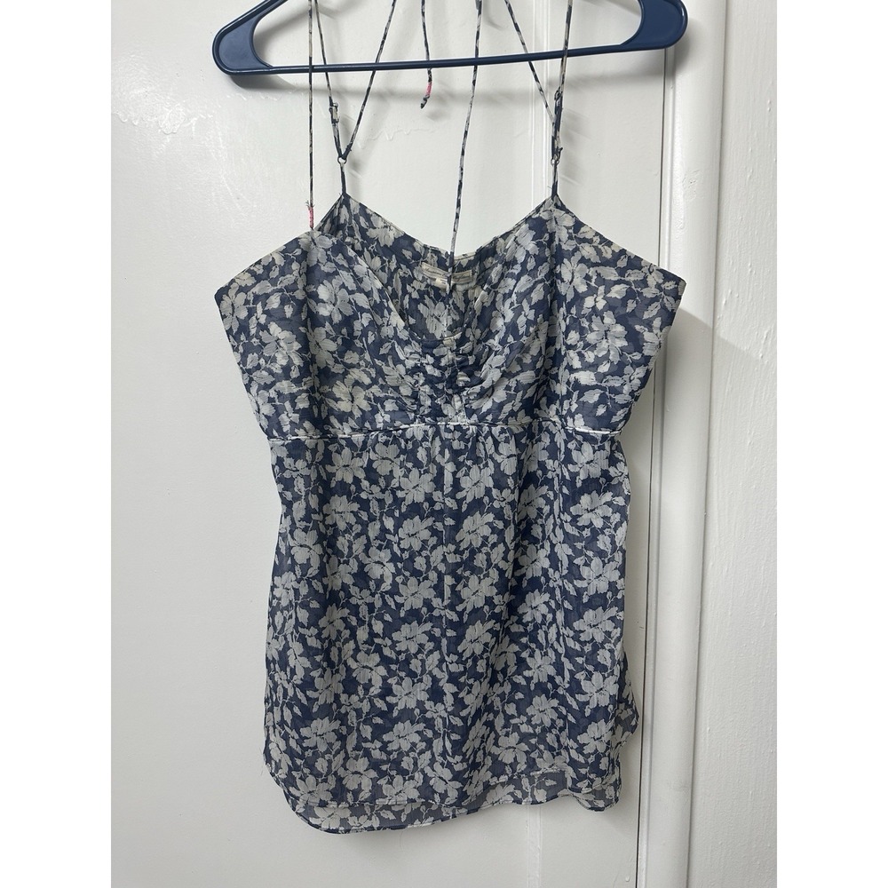 Y2K‎ Women's Blue Floral Cami Tank Top Spaghetti Strap Sheer Layered Blouse XL